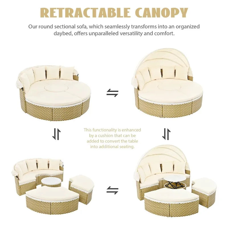 Round Wicker Outdoor Day Bed with Retractable Canopy