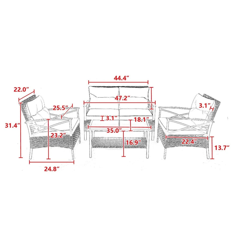 Grey Rattan Wicker Patio 4-piece Sectional Dining Conversation Sofa Set with Cushion, Steel Table Included