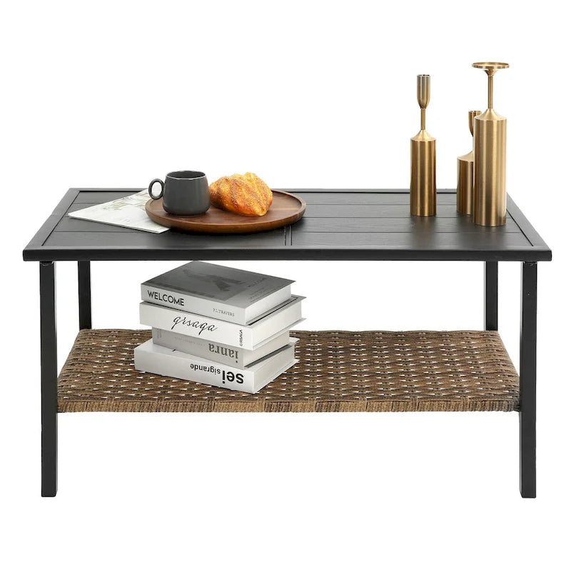 Grey Rattan Wicker Patio 4-piece Sectional Dining Conversation Sofa Set with Cushion, Steel Table Included