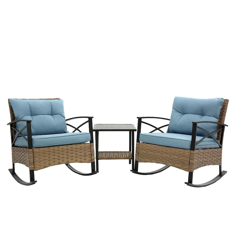 3 PCS Outdoor Rocking Rattan Set with Steel Frame