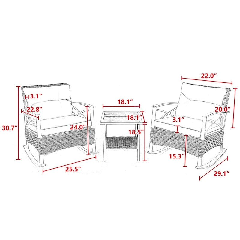 3 PCS Outdoor Rocking Rattan Set with Steel Frame