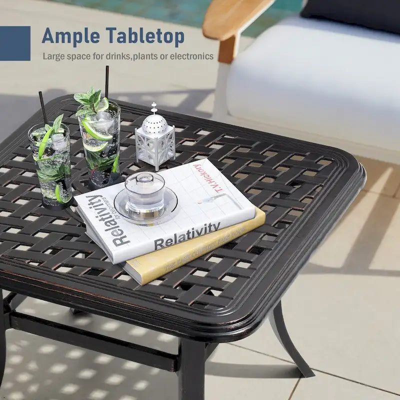 VredHom Cast Aluminum Square Side Table Outdoor with Umbrella Hole - 24.02 L x 24.02 W x 17.52 H