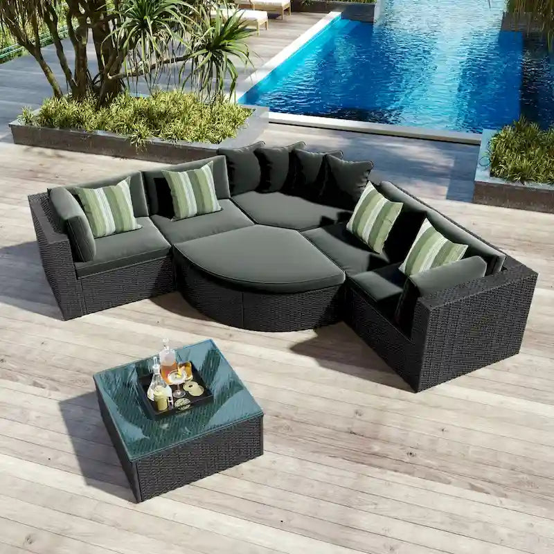 Gray 7-Piece All-Weather PE Wicker Outdoor Conversation Modular Sofa Set