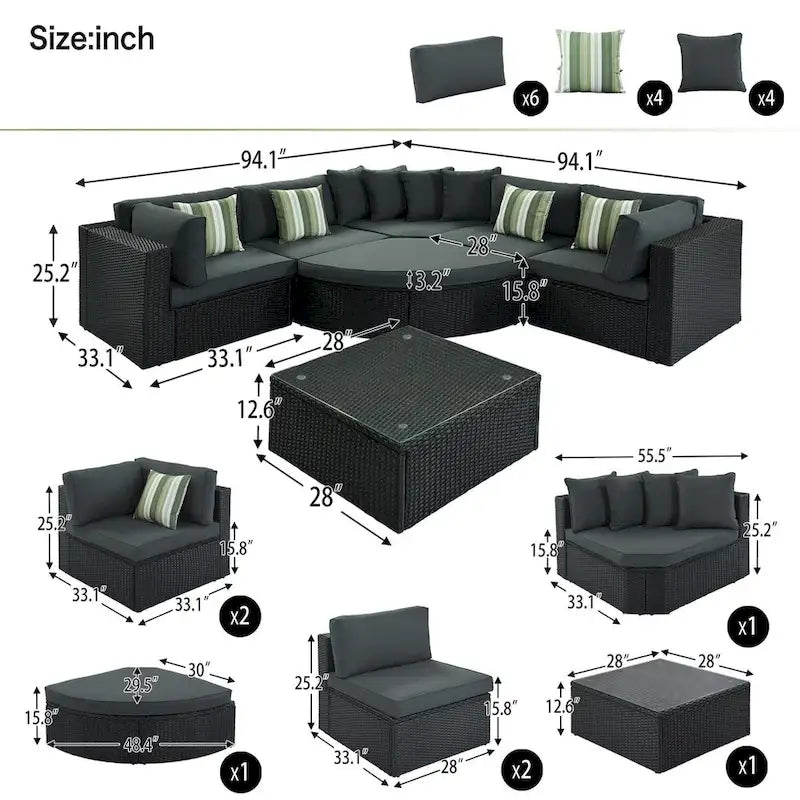 Gray 7-Piece All-Weather PE Wicker Outdoor Conversation Modular Sofa Set