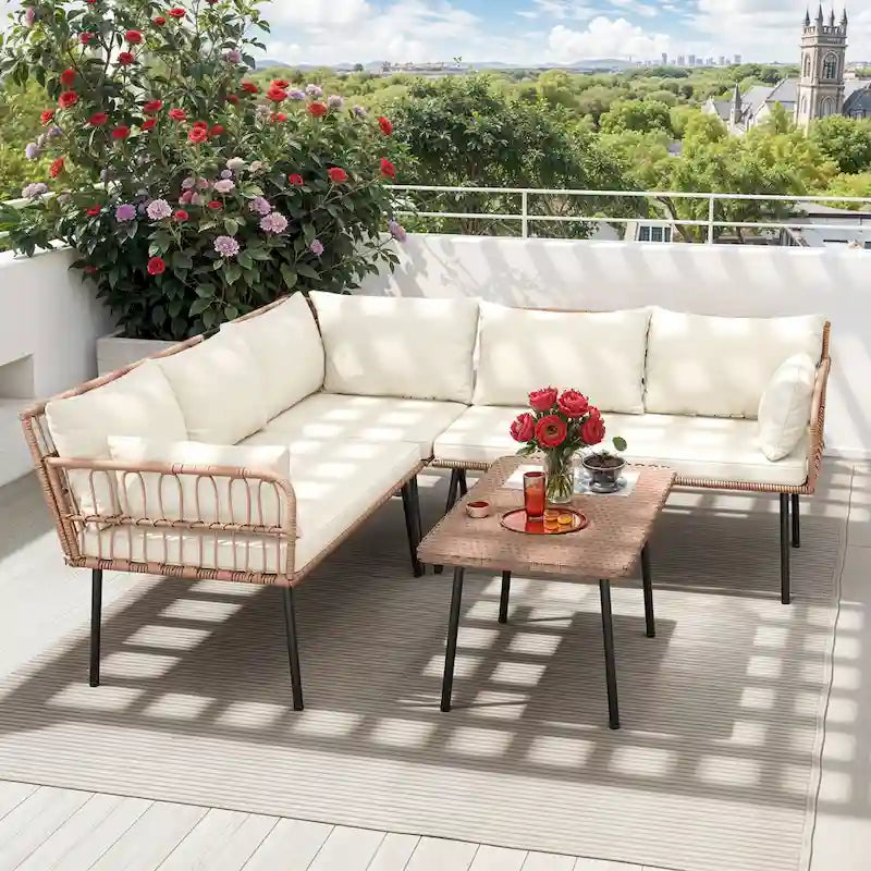 Moasis 4 Pieces Patio Conversation Set,5 Seater Wicker Sectional L-Shaped Sofa with Cushions and Side Table