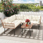 Moasis 4 Pieces Patio Conversation Set,5 Seater Wicker Sectional L-Shaped Sofa with Cushions and Side Table