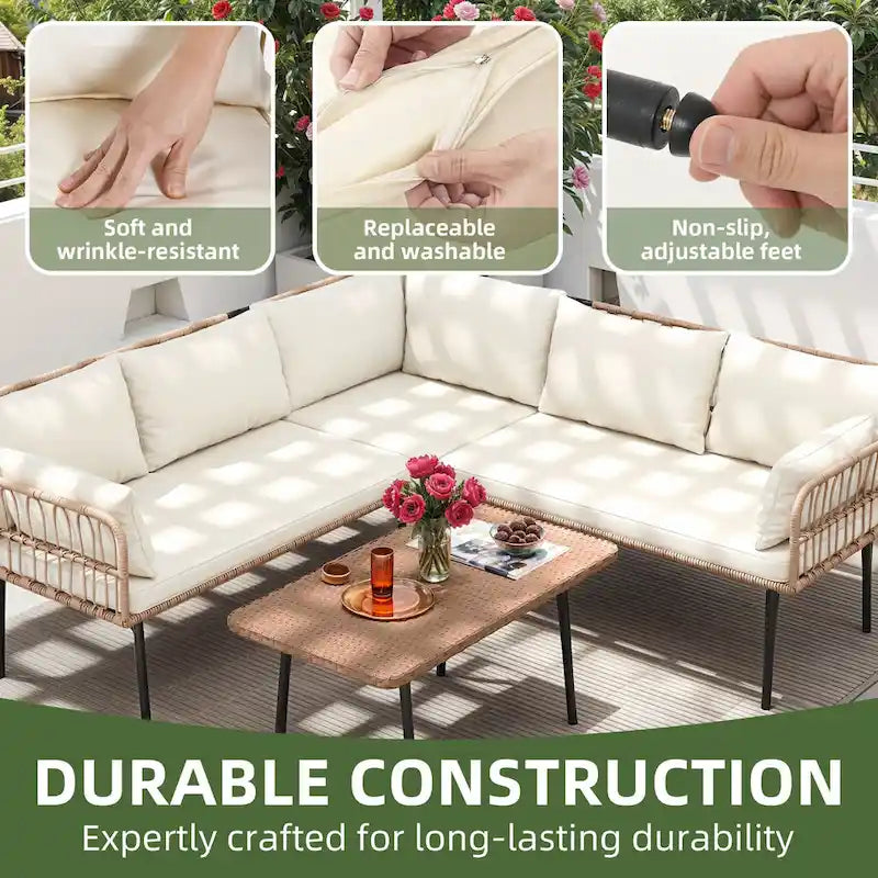 Moasis 4 Pieces Patio Conversation Set,5 Seater Wicker Sectional L-Shaped Sofa with Cushions and Side Table