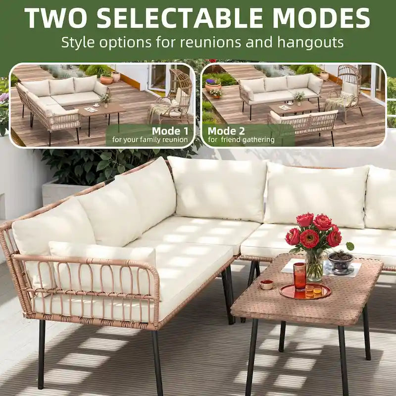 Moasis 4 Pieces Patio Conversation Set,5 Seater Wicker Sectional L-Shaped Sofa with Cushions and Side Table