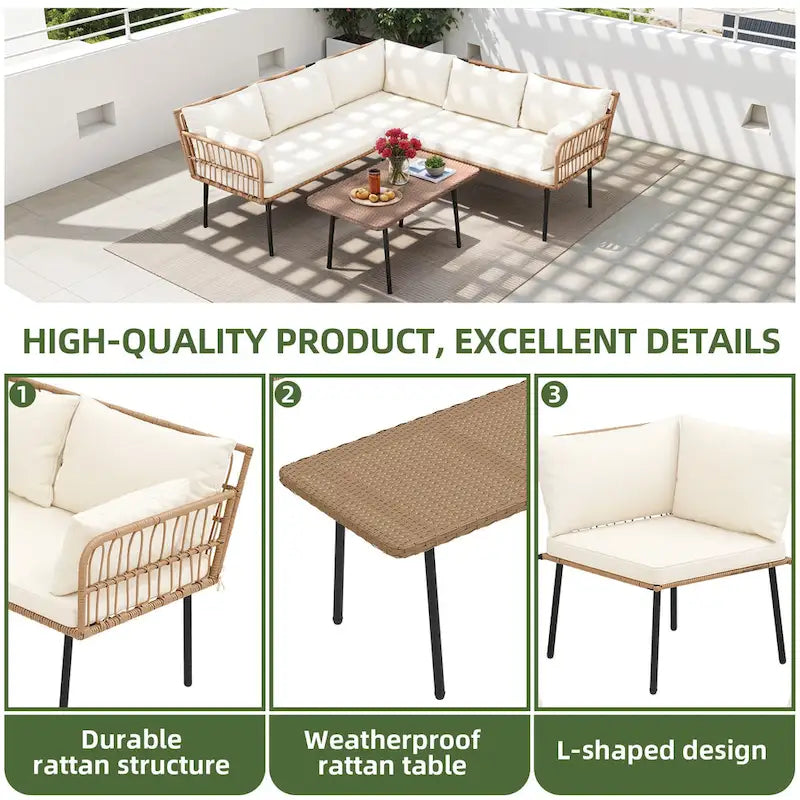 Moasis 4 Pieces Patio Conversation Set,5 Seater Wicker Sectional L-Shaped Sofa with Cushions and Side Table