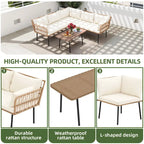 Moasis 4 Pieces Patio Conversation Set,5 Seater Wicker Sectional L-Shaped Sofa with Cushions and Side Table