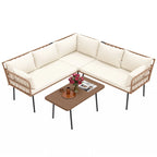 Moasis 4 Pieces Patio Conversation Set,5 Seater Wicker Sectional L-Shaped Sofa with Cushions and Side Table