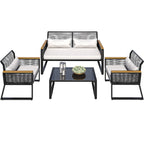 4-Piece Outdoor Bistro Set Weather-Resistant Wicker Rattan Patio Furniture with Wooden Armrests and Cushions - 4PCS