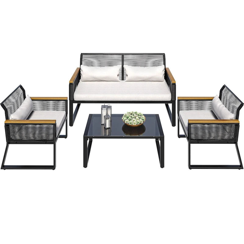4-Piece Outdoor Bistro Set Weather-Resistant Wicker Rattan Patio Furniture with Wooden Armrests and Cushions - 4PCS