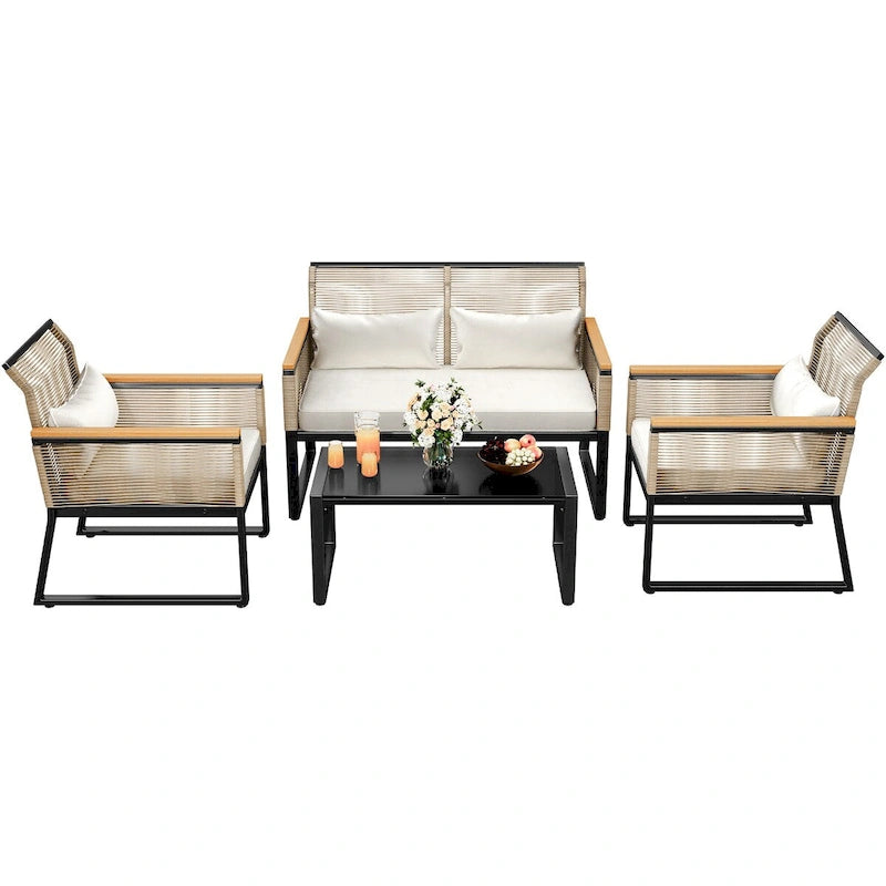 4-Piece Outdoor Bistro Set Weather-Resistant Wicker Rattan Patio Furniture with Wooden Armrests and Cushions - 4PCS