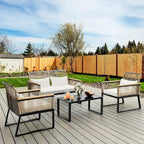 4-Piece Outdoor Bistro Set Weather-Resistant Wicker Rattan Patio Furniture with Wooden Armrests and Cushions - 4PCS