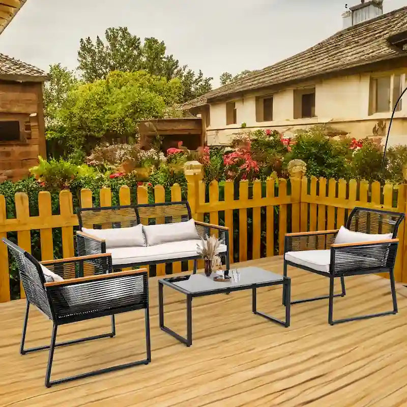 4-Piece Outdoor Bistro Set Weather-Resistant Wicker Rattan Patio Furniture with Wooden Armrests and Cushions - 4PCS