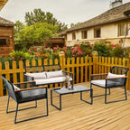 4-Piece Outdoor Bistro Set Weather-Resistant Wicker Rattan Patio Furniture with Wooden Armrests and Cushions - 4PCS