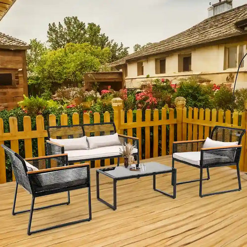 4-Piece Outdoor Bistro Set Weather-Resistant Wicker Rattan Patio Furniture with Wooden Armrests and Cushions - 4PCS