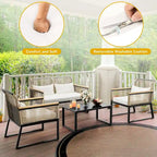4-Piece Outdoor Bistro Set Weather-Resistant Wicker Rattan Patio Furniture with Wooden Armrests and Cushions - 4PCS