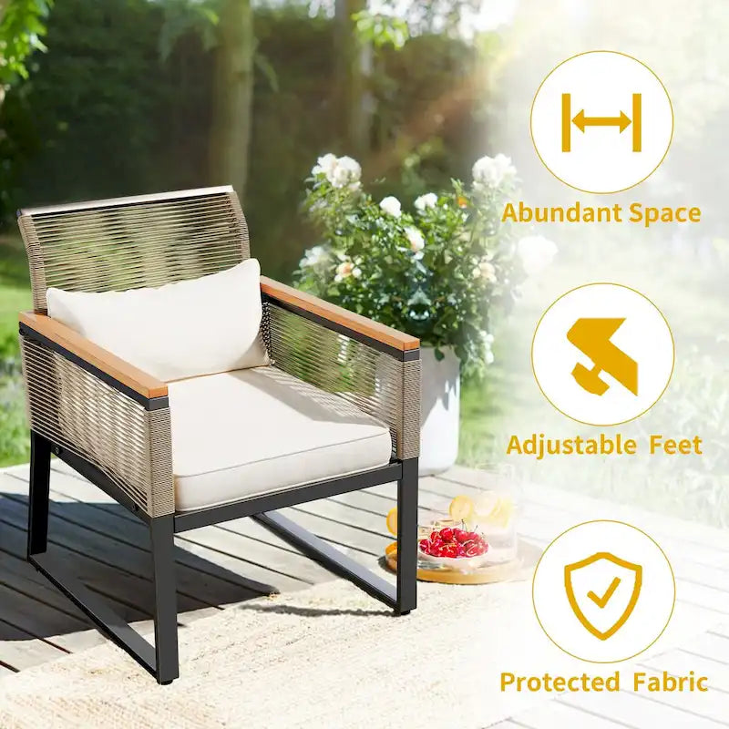 4-Piece Outdoor Bistro Set Weather-Resistant Wicker Rattan Patio Furniture with Wooden Armrests and Cushions - 4PCS