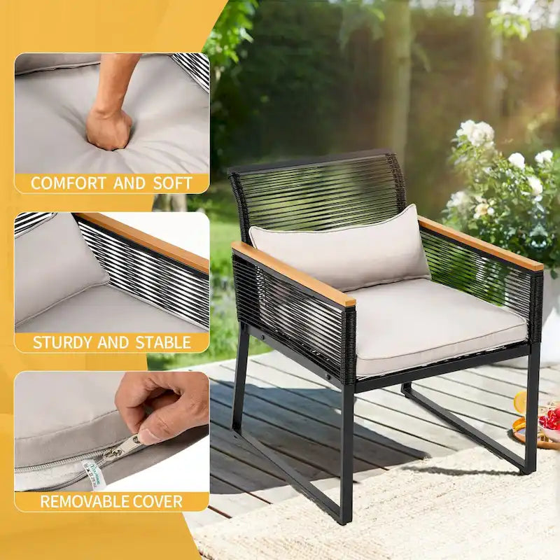 4-Piece Outdoor Bistro Set Weather-Resistant Wicker Rattan Patio Furniture with Wooden Armrests and Cushions - 4PCS