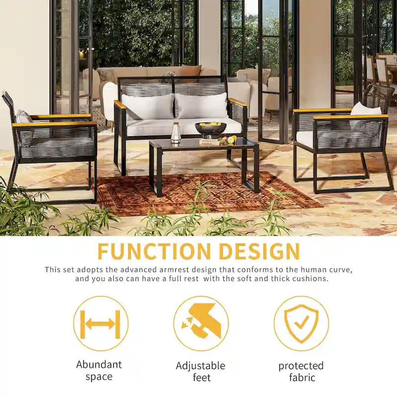 4-Piece Outdoor Bistro Set Weather-Resistant Wicker Rattan Patio Furniture with Wooden Armrests and Cushions - 4PCS