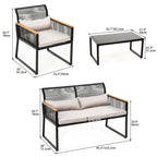 4-Piece Outdoor Bistro Set Weather-Resistant Wicker Rattan Patio Furniture with Wooden Armrests and Cushions - 4PCS
