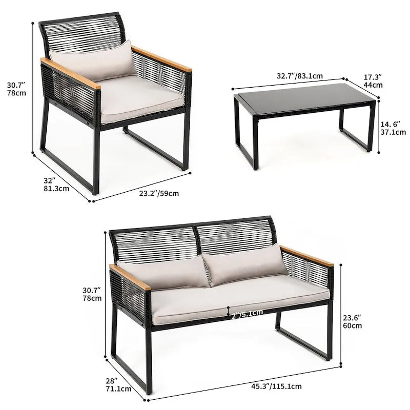 4-Piece Outdoor Bistro Set Weather-Resistant Wicker Rattan Patio Furniture with Wooden Armrests and Cushions - 4PCS