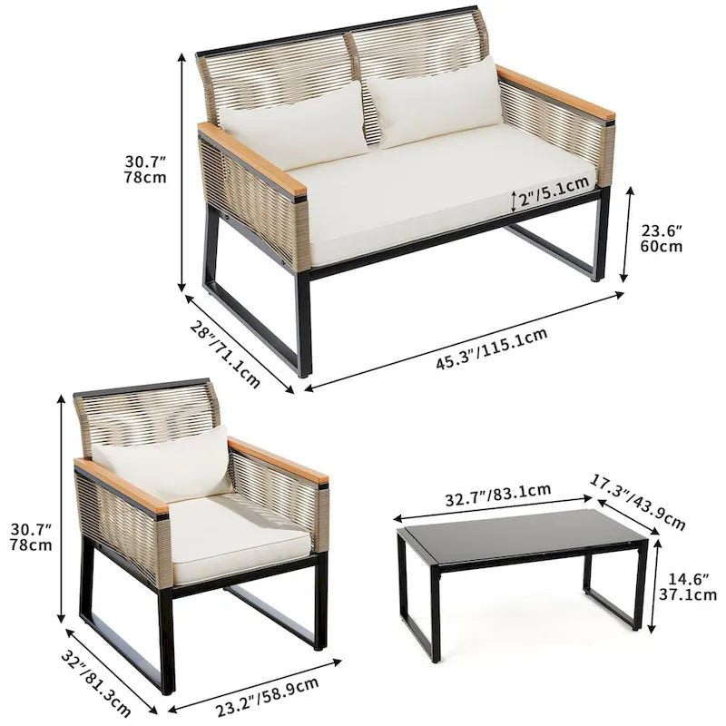 4-Piece Outdoor Bistro Set Weather-Resistant Wicker Rattan Patio Furniture with Wooden Armrests and Cushions - 4PCS