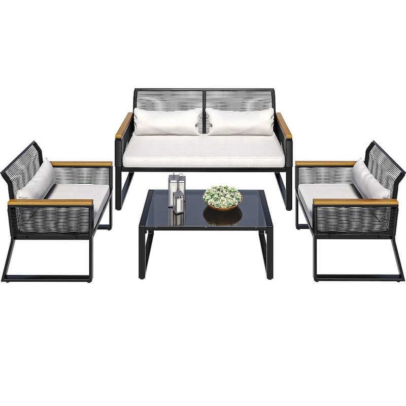 4-Piece Outdoor Bistro Set Weather-Resistant Wicker Rattan Patio Furniture with Wooden Armrests and Cushions - 4PCS