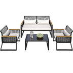 4-Piece Outdoor Bistro Set Weather-Resistant Wicker Rattan Patio Furniture with Wooden Armrests and Cushions - 4PCS