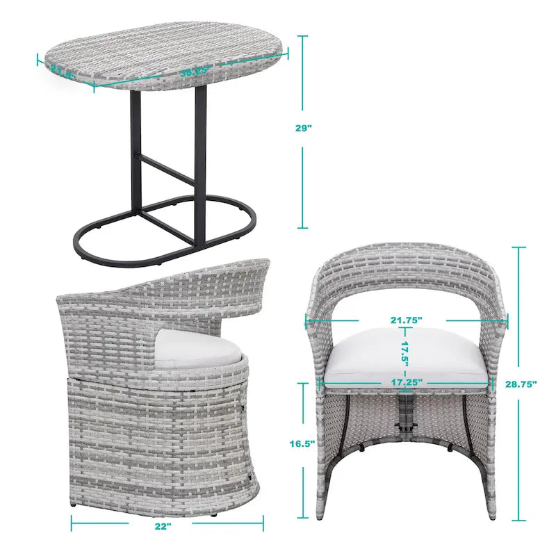 Outdoor Patio 3-Piece Bistro Set, Iron and Rattan Frame, Gray
