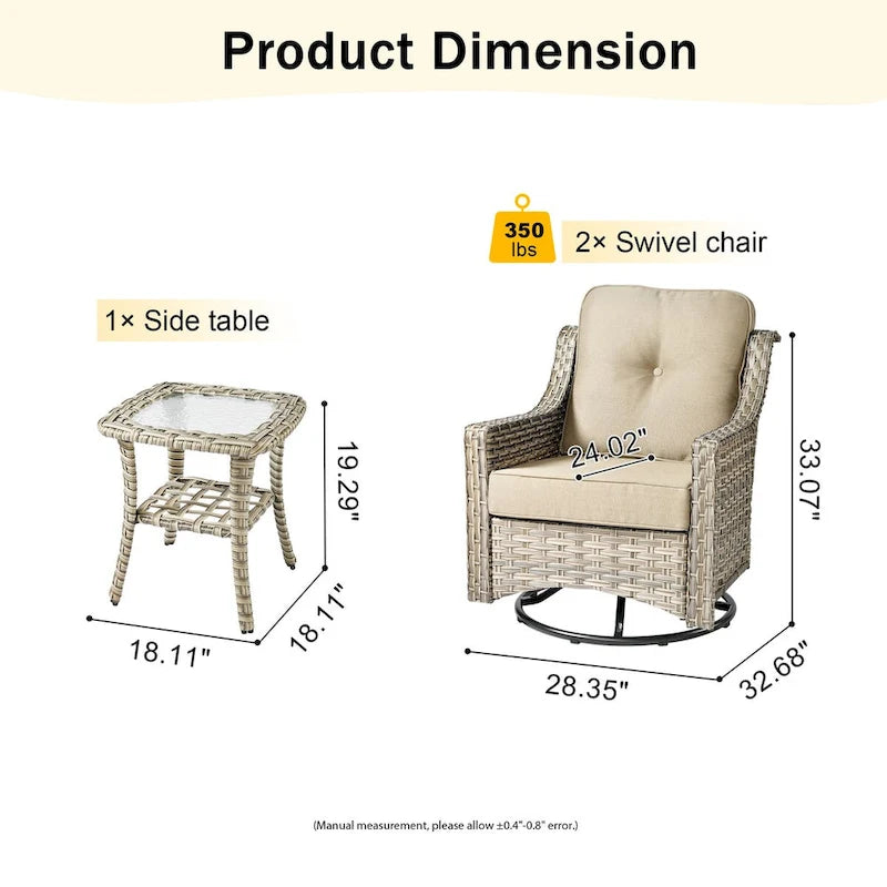 HOOOWOOO 3-piece Outdoor Patio Swivel Rocker Chairs with Side Table