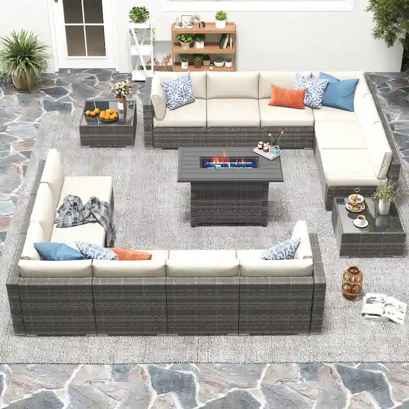 15 Piece Wicker Set Patio Sofa Furniture with Fire Pit And Table