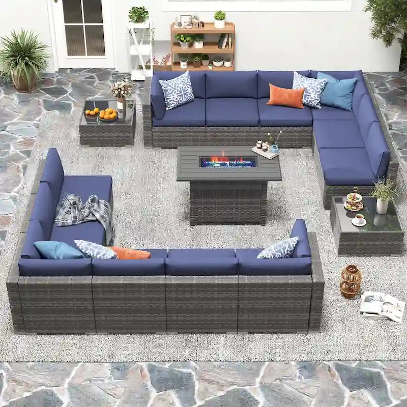15 Piece Wicker Set Patio Sofa Furniture with Fire Pit And Table