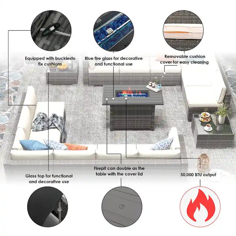 15 Piece Wicker Set Patio Sofa Furniture with Fire Pit And Table