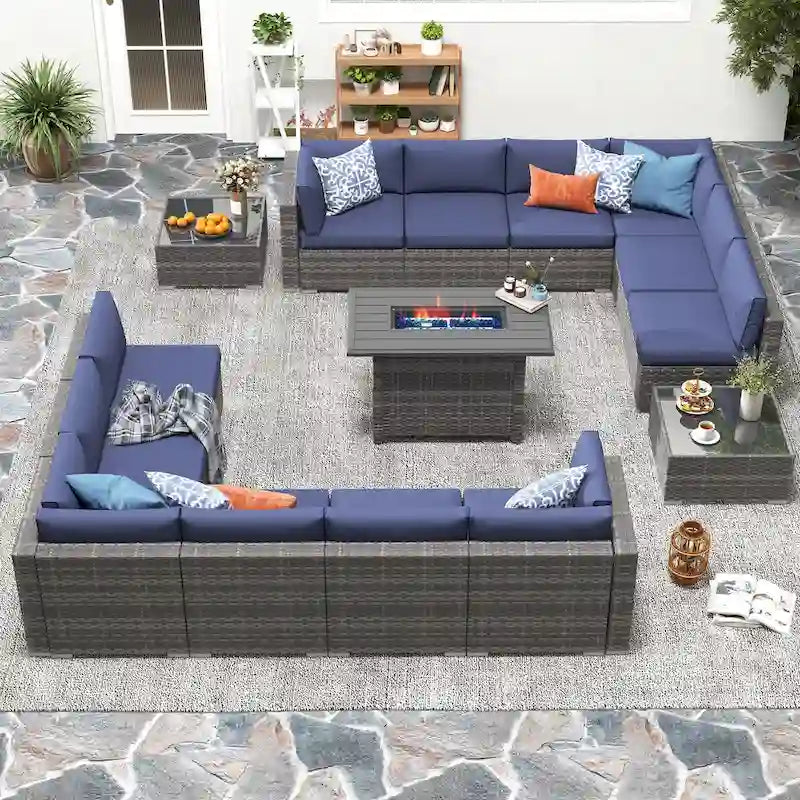 15 Piece Wicker Set Patio Sofa Furniture with Fire Pit And Table