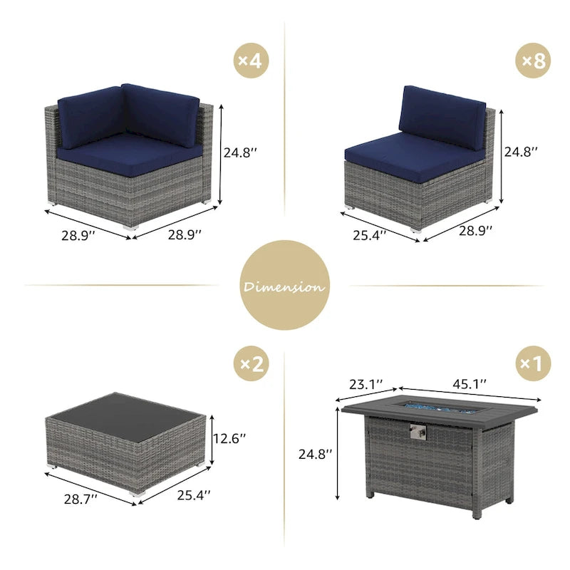 15 Piece Wicker Set Patio Sofa Furniture with Fire Pit And Table