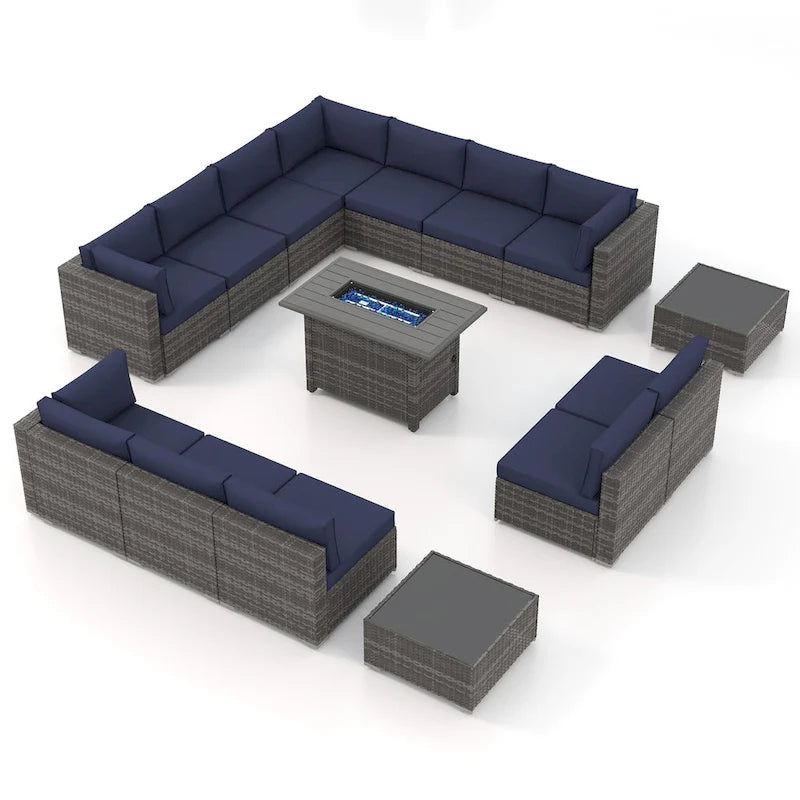 15 Piece Wicker Set Patio Sofa Furniture with Fire Pit And Table