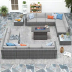 15 Piece Wicker Set Patio Sofa Furniture with Fire Pit And Table