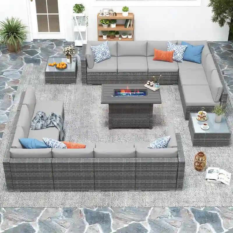 15 Piece Wicker Set Patio Sofa Furniture with Fire Pit And Table