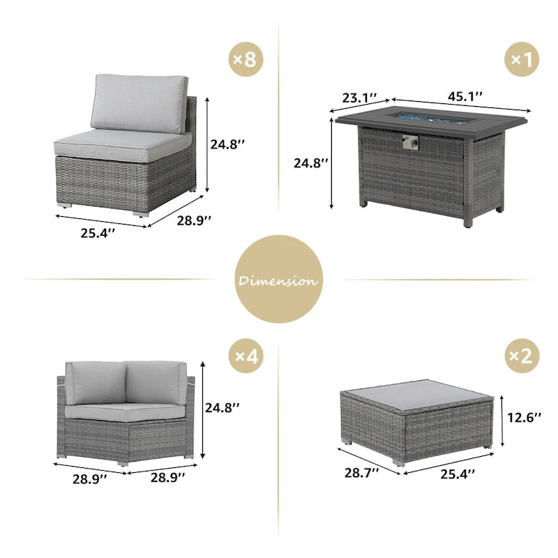 15 Piece Wicker Set Patio Sofa Furniture with Fire Pit And Table