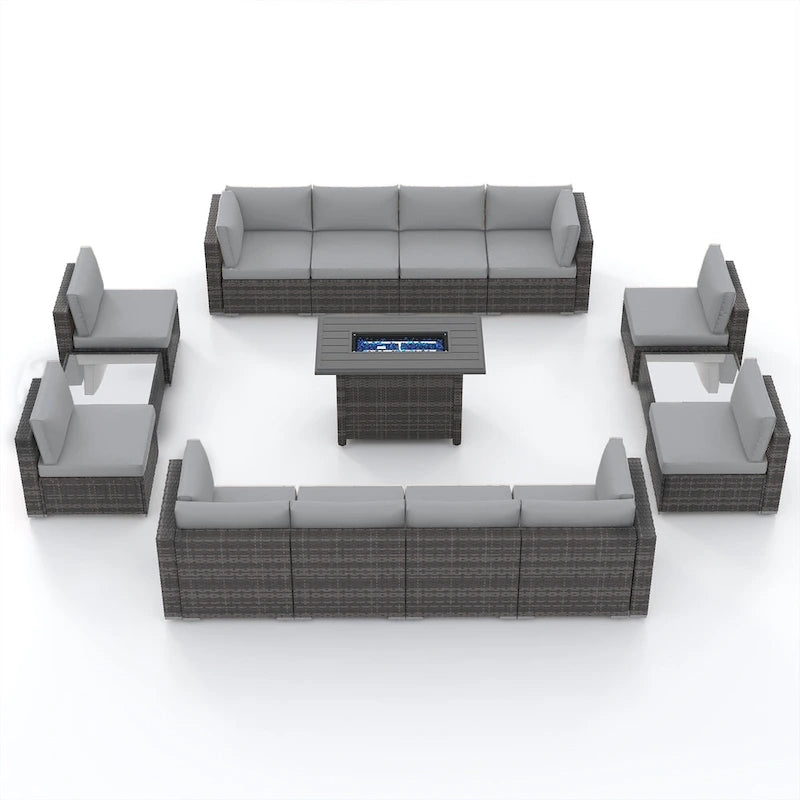 15 Piece Wicker Set Patio Sofa Furniture with Fire Pit And Table