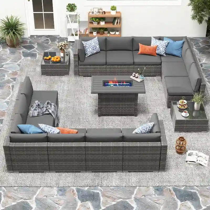 15 Piece Wicker Set Patio Sofa Furniture with Fire Pit And Table