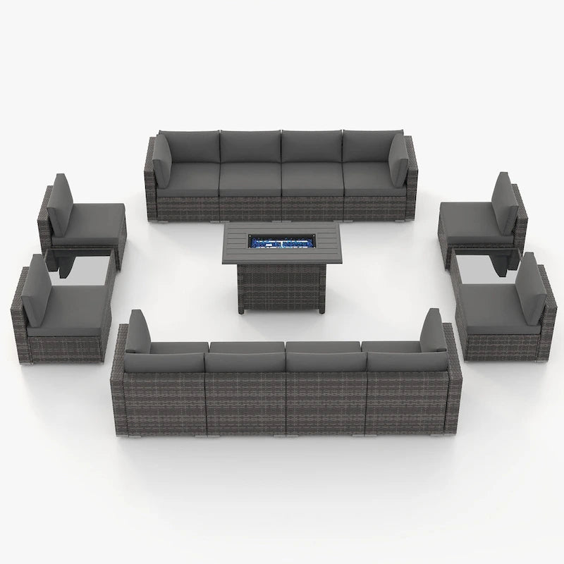 15 Piece Wicker Set Patio Sofa Furniture with Fire Pit And Table