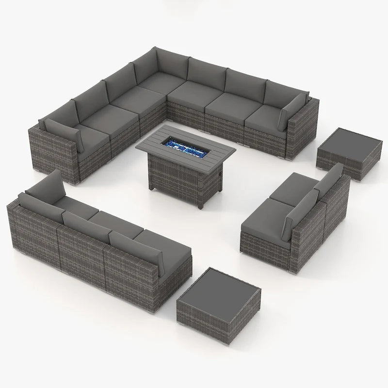 15 Piece Wicker Set Patio Sofa Furniture with Fire Pit And Table