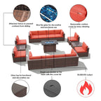 15 Piece Wicker Set Patio Sofa Furniture with Fire Pit And Table