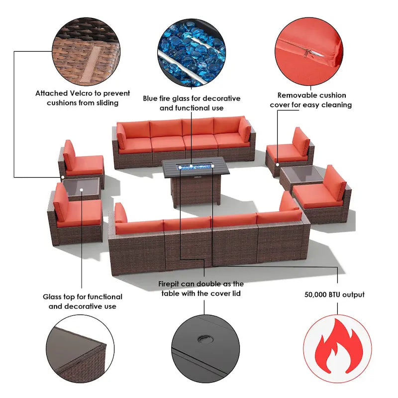 15 Piece Wicker Set Patio Sofa Furniture with Fire Pit And Table