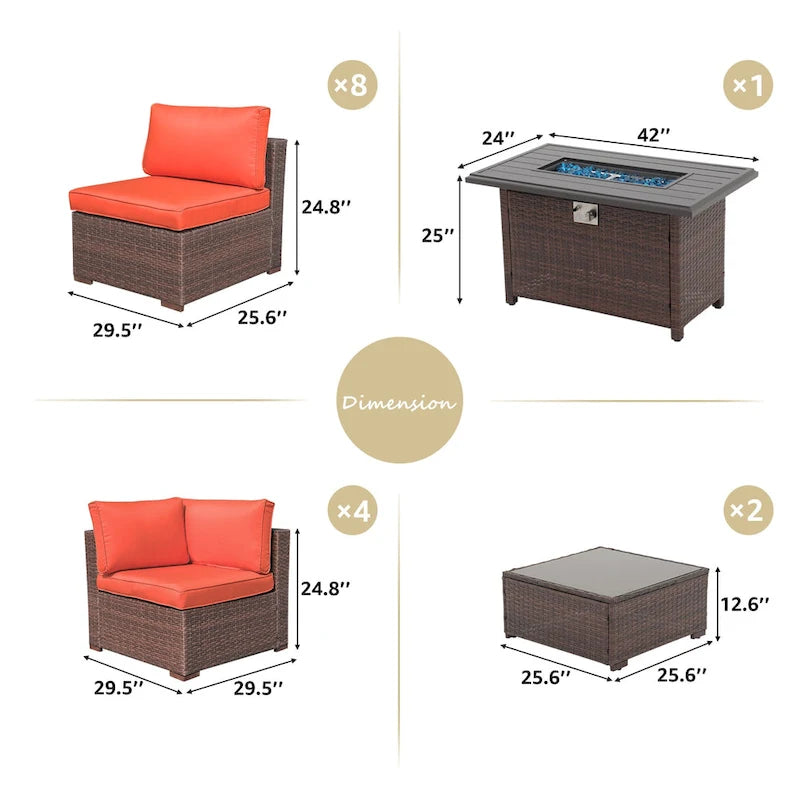 15 Piece Wicker Set Patio Sofa Furniture with Fire Pit And Table