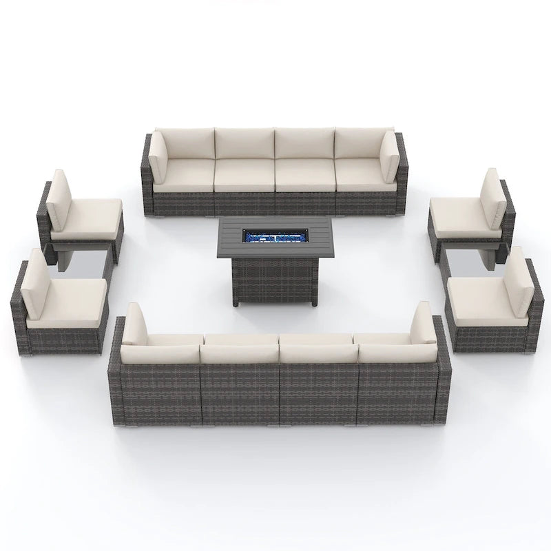 15 Piece Wicker Set Patio Sofa Furniture with Fire Pit And Table